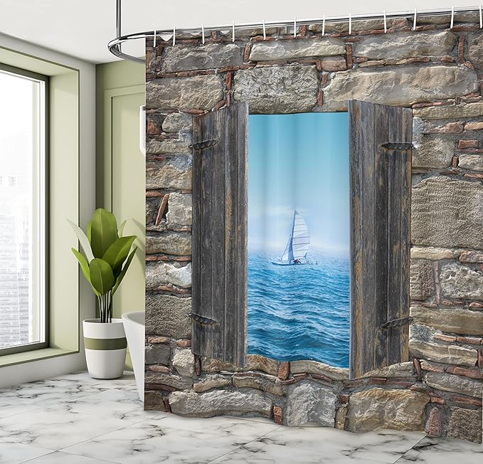 Ambesonne Nautical Shower Curtain, Image of a Sailing Boat from Stone Window Narrow Perspective Idyllic Mediterranean, Cloth Fabric Bathroom Decor Set with Hooks, 69" W x 75" L, Grey Blue