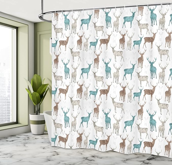 Ambesonne Deer Shower Curtain, Animals with Old Text Pattern Christmas Theme Vintage Inspired Illustration, Cloth Fabric Bathroom Decor Set with Hooks, 69" W x 70" L, Turquoise Beige