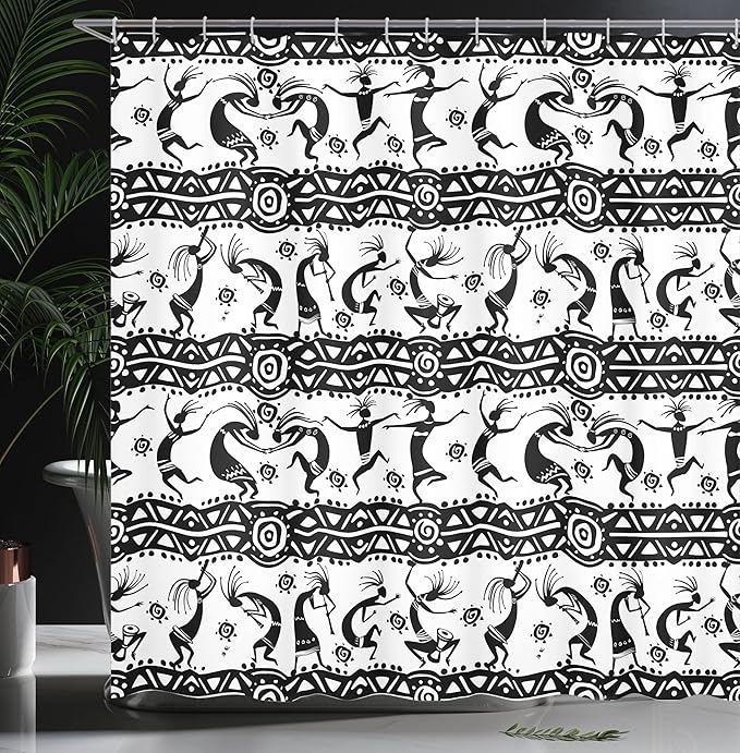 Ambesonne Ethnic Shower Curtain, Silhouette of Dancings Geometric Shapes in Horizontal Line Art Design Boho, Cloth Fabric Bathroom Decor Set with Hooks, 69" W x 70" L, White and Black