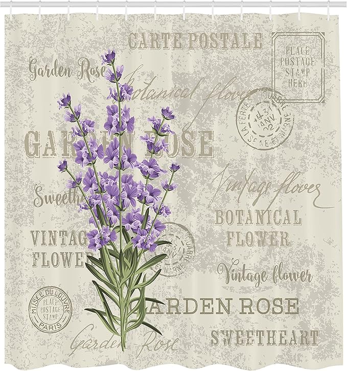 Ambesonne Lavender Shower Curtain, Vintage Postcard Composition Grunge Display and Flowers, Cloth Fabric Bathroom Decor Set with Hooks, 69" W x 70" L, Green Lavender