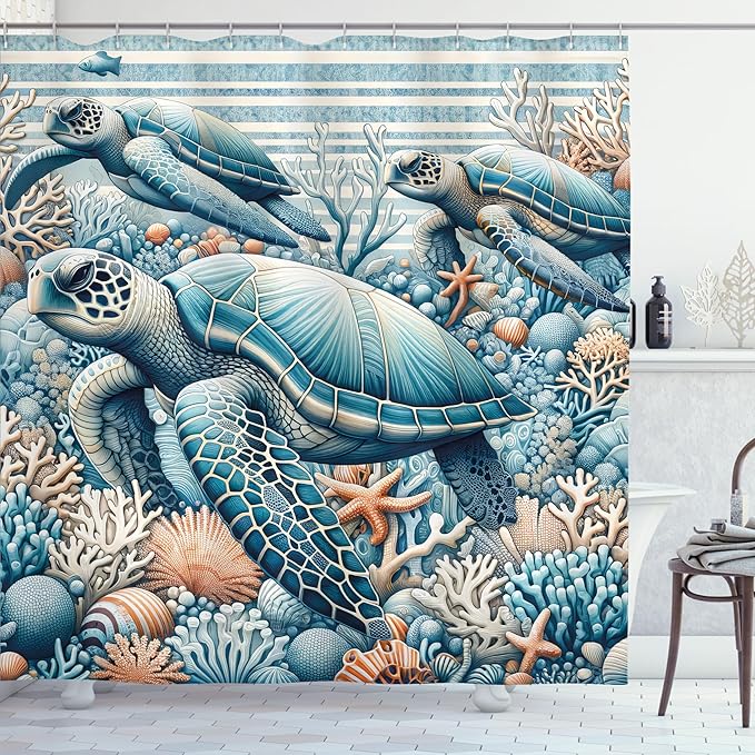 Ambesonne Turtle Shower Curtain, Underwater Corals and Loggerheads Sea Animals on Stripes Nautical Marine, Cloth Fabric Bathroom Decor Set with Hooks, 69" W x 75" L, Salmon and Sea Blue