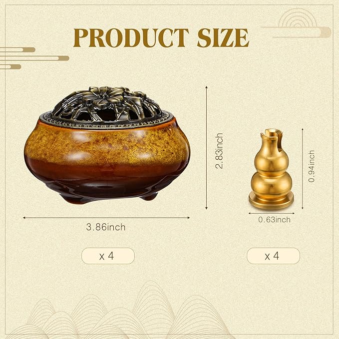 Maxcheck 4 Pcs Ceramic Incense Burner with Copper Lid Metal Incense Holder Lotus Cone Burner for Sandalwood Palo Santo Sage Cones Meditation Yoga Spa Gifts Room Decor(Yellow)