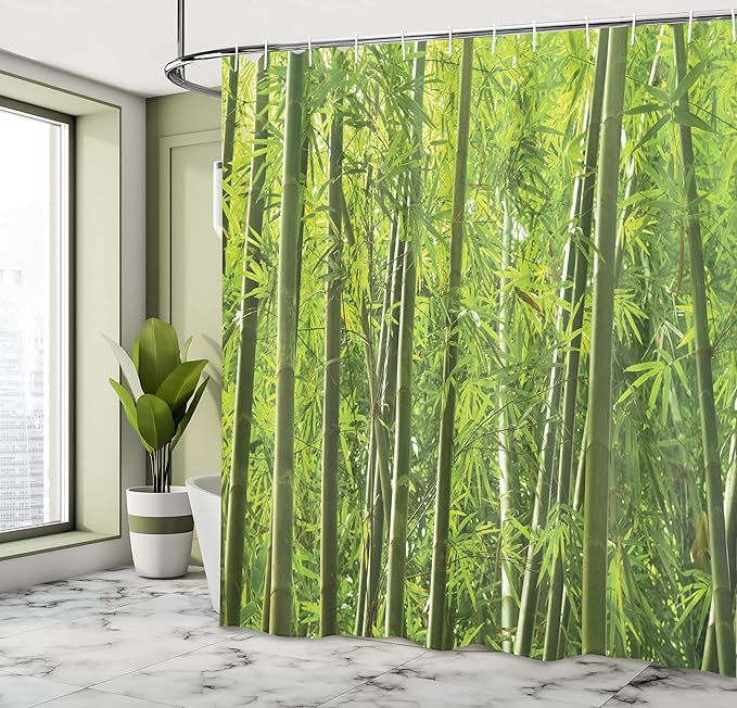 Ambesonne Bamboo Print Shower Curtain, Exotic Tropical Forest Fresh Color Nature Wild Trees and Leaves, Cloth Fabric Bathroom Decor Set with Hooks, 69" W x 70" L, Forest Green