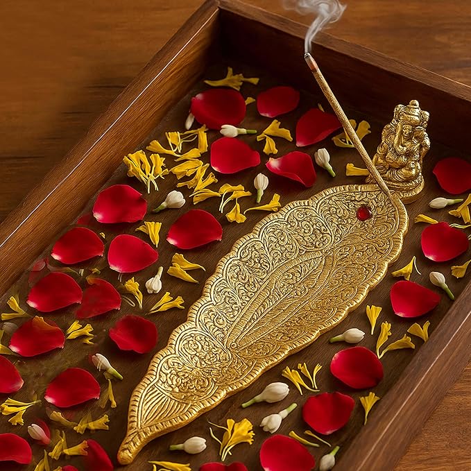 Pure Source India Aluminum Incense Holder & Ash Catcher Agarbatti Stand Featuring Ganesh Figurine (9x2 inch, Gold)