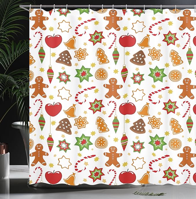 Ambesonne Gingerbread Man Shower Curtain, Christmas Graphic Pattern Star Cookies Apples Bells, Cloth Fabric Bathroom Decor Set with Hooks, 69" W x 75" L, Red Cinnamon