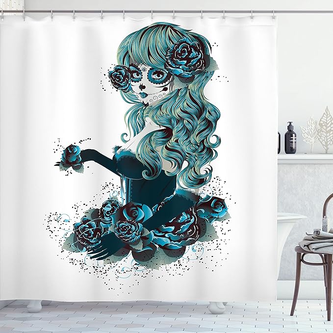 Ambesonne Skull Shower Curtain, Vintage Sugar Shape Girl Day of The Dead Bride Dark Color Roses Graphic, Cloth Fabric Bathroom Decor Set with Hooks, 69" W x 70" L, Petrol Blue White