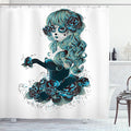 Ambesonne Skull Shower Curtain, Vintage Sugar Shape Girl Day of The Dead Bride Dark Color Roses Graphic, Cloth Fabric Bathroom Decor Set with Hooks, 69" W x 75" L, Petrol Blue White