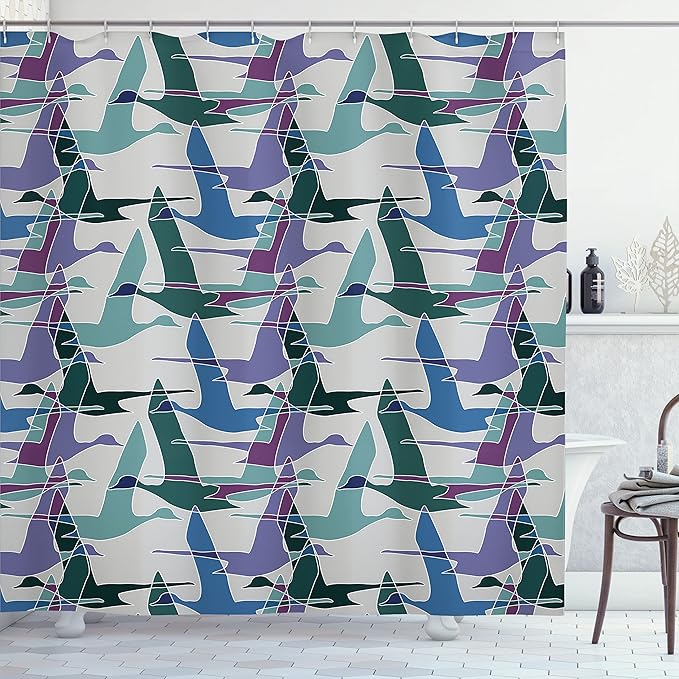 Ambesonne Geese Shower Curtain, Flying Ducks Mallard and Waterfowl Shapes Theme Colorful Abstract Print, Cloth Fabric Bathroom Decor Set with Hooks, 69" W x 70" L, Lilac Green