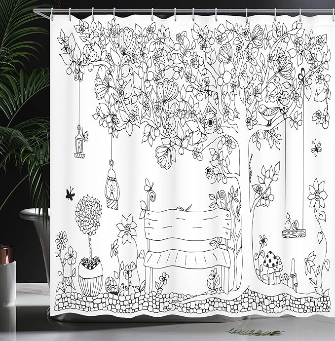 Ambesonne Tree Shower Curtain, Floral Tree with Outline Butterflies and Swing in Garden Dream Space Illustration, Cloth Fabric Bathroom Decor Set with Hooks, 69" W x 70" L, Cream and Black