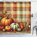 Ambesonne Fall Shower Curtain, Classic Thanksgiving Plaid Tartan Pumpkins and Swirling Leafy Details, Cloth Fabric Bathroom Decor Set with Hooks, 69" W x 70" L, Green Orange and Pale Brown