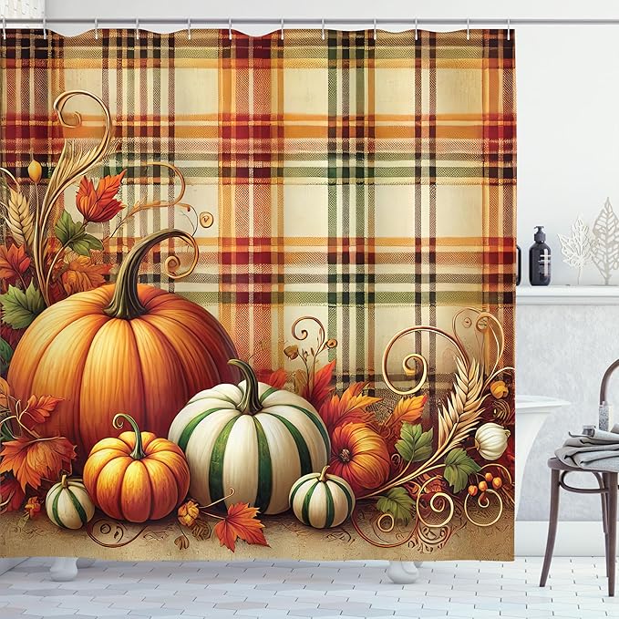 Ambesonne Fall Shower Curtain, Classic Thanksgiving Plaid Tartan Pumpkins and Swirling Leafy Details, Cloth Fabric Bathroom Decor Set with Hooks, 69" W x 70" L, Green Orange and Pale Brown