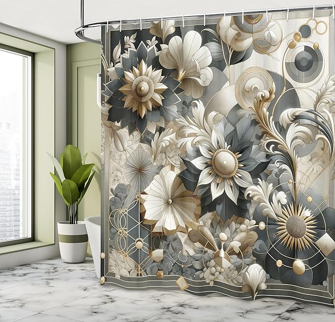 Ambesonne Grey Shower Curtain, Oriental Dream of Flower Art with Curlicue Leaves and Boho Details, Cloth Fabric Bathroom Decor Set with Hooks, 69" W x 70" L, Brown Purpleblue and Eggshell