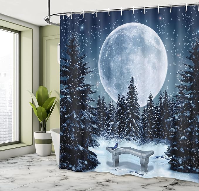 Ambesonne Winter Shower Curtain, Dreamy Cold Night a Big Full Moon and Bench Park Stars in The Darkness, Cloth Fabric Bathroom Decor Set with Hooks, 69" W x 70" L, White Blue