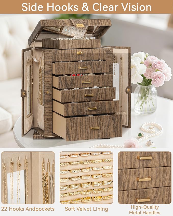 AKOZLIN 6-Tier Jewelry Box Organizer Functional 5 Drawers Leather Jewelry Storage Case for Women Girls Ring Necklace Earring Bracelet Holder Organizer with Mirror XL Wood Grain 360° Rotating