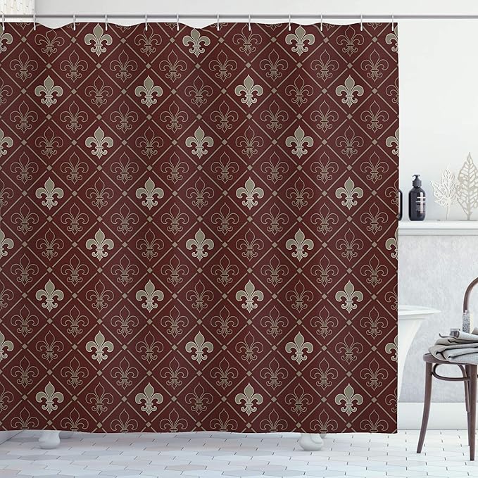 Ambesonne Fleur De Lis Shower Curtain, Fleur-de-Lis in Diamond Shape Lines Classical Cultural Victorian Style, Cloth Fabric Bathroom Decor Set with Hooks, 69" W x 70" L, Green Maroon