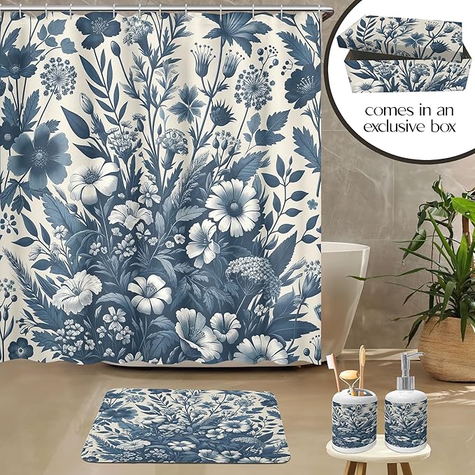 Ambesonne Navy Blue Bathroom Decor Set 4 Pcs Including Shower Curtain with Hooks Bath Mat Soap Dispenser Toothbrush Holder in Box Essentials & Accessories, Boho Daisy Art, Dark Slate Blue Coconut