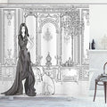 Ambesonne Teen Room Shower Curtain, Fashion Woman in Victorian Palace Dog Baroque Illustration Print, Cloth Fabric Bathroom Decor Set with Hooks, 69" W x 84" L, Dark Grey and White