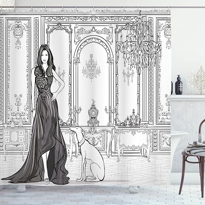 Ambesonne Teen Room Shower Curtain, Fashion Woman in Victorian Palace Dog Baroque Illustration Print, Cloth Fabric Bathroom Decor Set with Hooks, 69" W x 84" L, Dark Grey and White