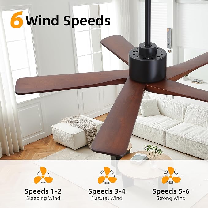 WINGBO 48" DC Ceiling Fan No Light - 5 Carved Solid Wood Blades, 6-Speed Reversible DC Motor, Ceiling Fan without Lights for Living Room Bedroom Kitchen Patio, Indoor and Outdoor, Black and Walnut