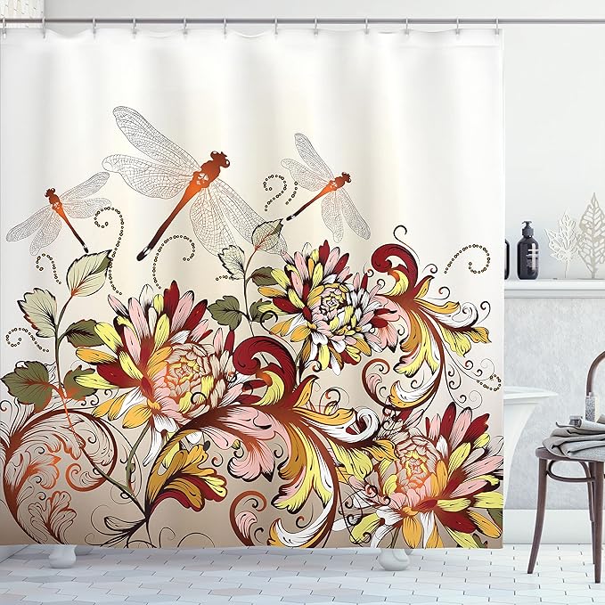 Ambesonne Spring Shower Curtain, Flower Field Foliage with Dragonflies Season Shabby Classic Leaves Pattern, Cloth Fabric Bathroom Decor Set with Hooks, 69" W x 75" L, Orange Ruby Rose