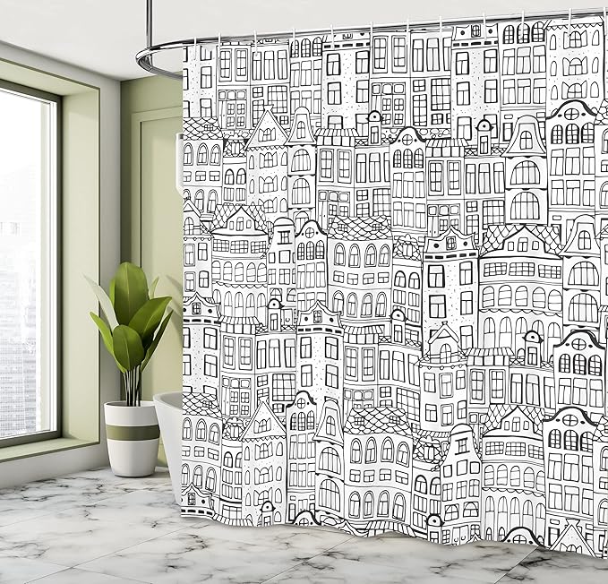 Ambesonne Amsterdam Shower Curtain, Monochrome Style Cartoon Drawing of Historic Houses Clutter City Town, Cloth Fabric Bathroom Decor Set with Hooks, 69" W x 70" L, Charcoal White