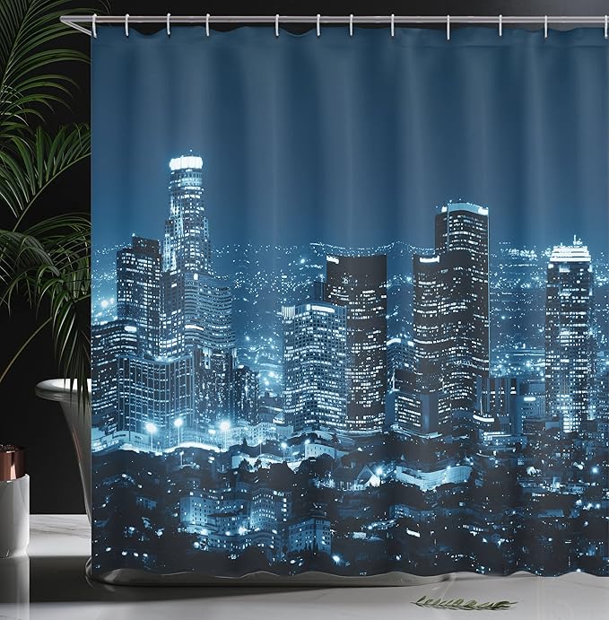 Ambesonne USA Shower Curtain, Los Angeles City Buildings at The Monochromic Night Time Photo of Scenery Town at Dusk a Scenic View, Cloth Fabric Bathroom Set with Hooks, 69" W x 75" L, Night Blue