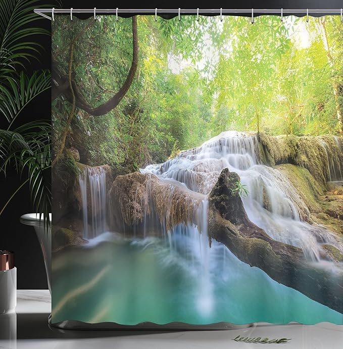 Ambesonne Waterfall Shower Curtain, Landscape with Flowing Water of Erawan Cascade in Rain Forest, Cloth Fabric Bathroom Decor Set with Hooks, 69" W x 75" L, Green Turquoise