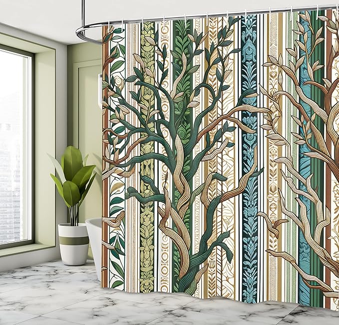 Ambesonne Striped Shower Curtain, Bold Intricate Pinstriped Trees on Vertical Damask Tribal Stripes, Cloth Fabric Bathroom Decor Set with Hooks, 69" W x 70" L, Pale Brown Green Sea Blue