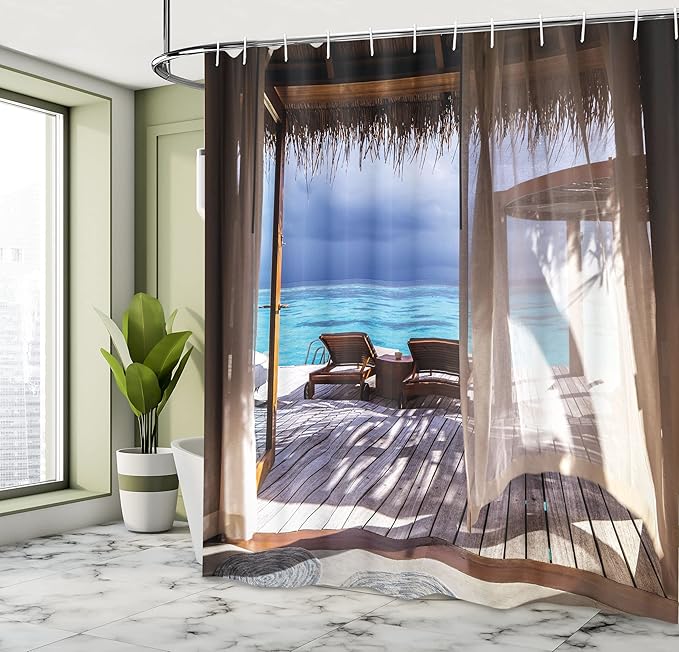Ambesonne Coastal Shower Curtain, Romantic Wooden Bungalow on The Water Deckchairs Maldives Beach Summer Relax, Cloth Fabric Bathroom Decor Set with Hooks, 69" W x 84" L, Brown Blue