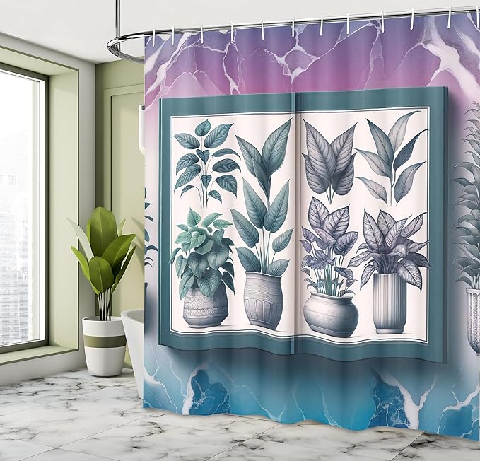 Ambesonne Botanical Shower Curtain, Nature Leaves Illustration with Marble Print Back Indigo Tone Dream, Cloth Fabric Bathroom Decor Set with Hooks, 69" W x 75" L, Violet White Petrol Blue