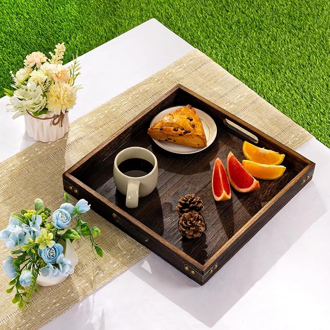 Serving Tray with Handles,12.75"*12.75"Wood Decorative Tray for Living Room,Modern Coffee Table Tray,Square Large Serving Platters for Home Decor,Ottoman,Bed,Kitchen,Bathroom, Breakfast,Bar