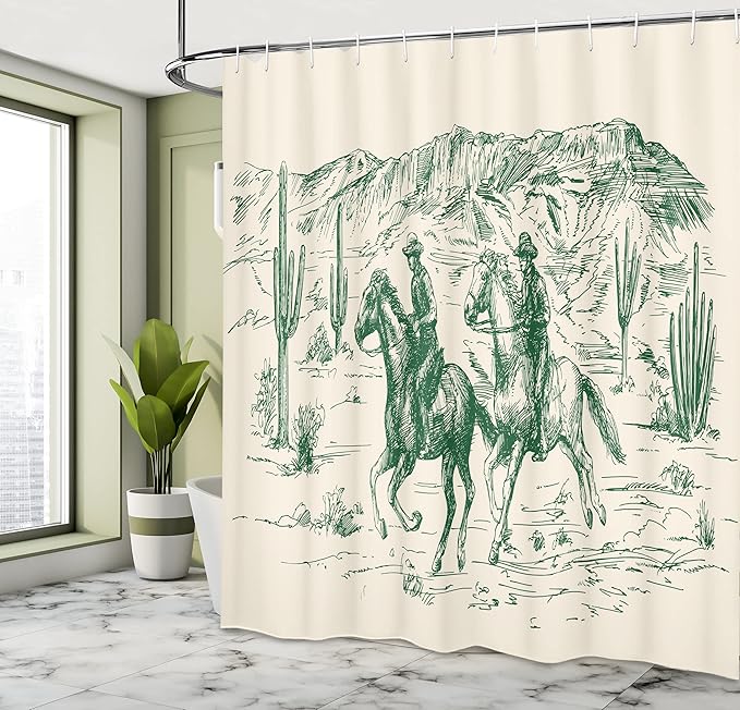 Ambesonne Western Shower Curtain, Country Theme Hand Drawn Illustration of American Wild West Desert with Cowboys, Cloth Fabric Bathroom Decor Set with Hooks, 69" W x 75" L, Jade Green