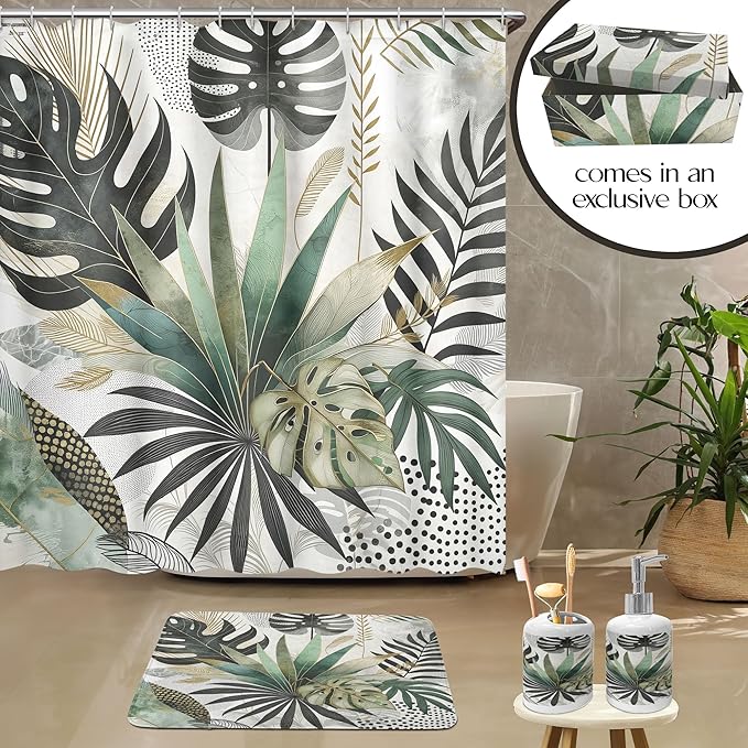 Ambesonne Green Bathroom Decor Set 4 Pcs Including Shower Curtain with Hooks Bath Mat Soap Dispenser Toothbrush Holder in Box Essentials & Accessories, Exotics Scenario Leaves, Teal Pale Khaki Fawn