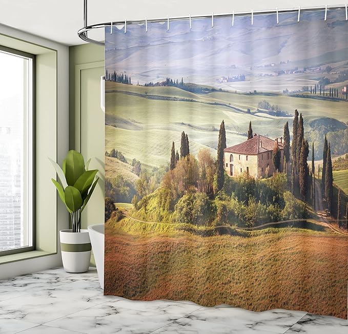 Ambesonne Tuscan Shower Curtain, Tuscany Seen from Stone Village of Montepulciano Italy in Cloudy Day, Cloth Fabric Bathroom Decor Set with Hooks, 69" W x 75" L, Green Taupe