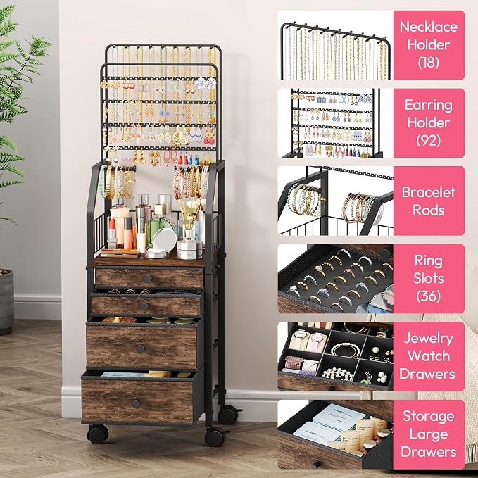 SWTYMIKI Jewelry Organizers and Storage- Multifunctional Stand Jewelry Organizer Cabinet for Necklace, Earring, Ring & Bracelet - Jewelry Box Necklace Holder with 4 Nonwoven Drawers & Wheel Espresso