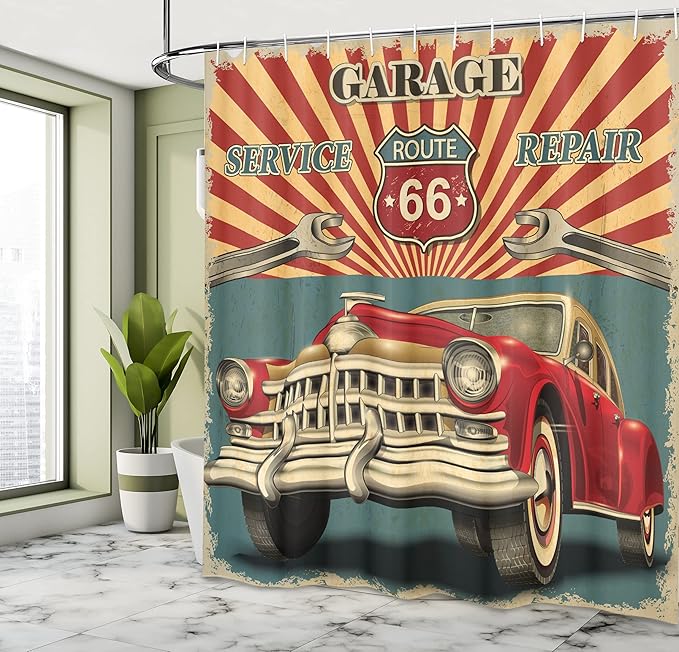 Ambesonne Americana Shower Curtain, Vintage Garage Repair Shop and Advertising of The Automobile Rustic Style Vehicle Nostalgic Retro Art, Cloth Fabric Bathroom Set with Hooks, 69" W x 70" L, Teal