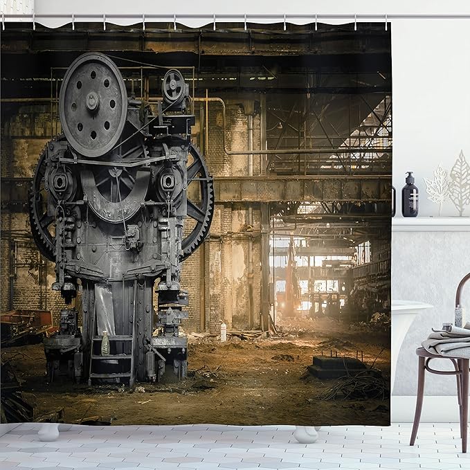 Ambesonne Industrial Shower Curtain, Wrecking Crew Waiting for a Demolition Messy Dust Vintage Large City Repair, Cloth Fabric Bathroom Decor Set with Hooks, 69" W x 70" L, Khaki Grey