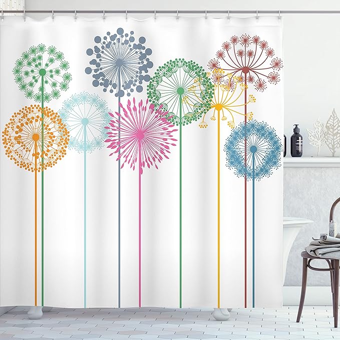 Ambesonne Floral Shower Curtain, Flower Inspired Artwork Colorful Dandelions on White Background Illustration Print, Cloth Fabric Bathroom Decor Set with Hooks, 69" W x 70" L, Fern Green