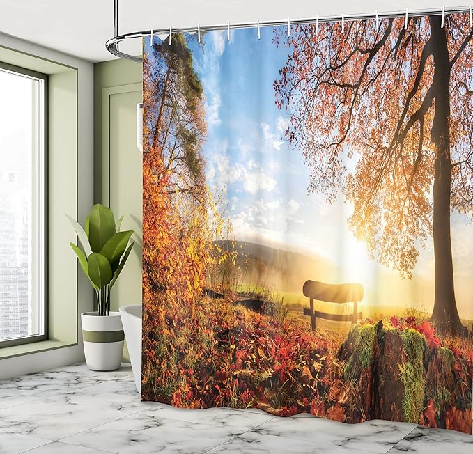 Ambesonne Forest Shower Curtain, Autumn Landscape The Sun Warmly on a Bench Under Tree Scene Holiday, Cloth Fabric Bathroom Decor Set with Hooks, 69" W x 84" L, Orange Blue and Red