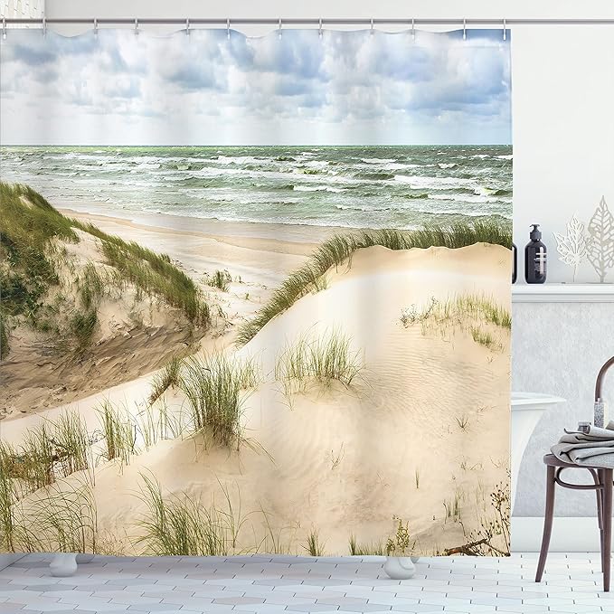 Ambesonne Beach Shower Curtain, Windy Day in The Baltic Seaside in Lithuania Huge Grand Waves Tidal Flow Surfing Spot, Cloth Fabric Bathroom Decor Set with Hooks, 69" W x 75" L, Cream Blue