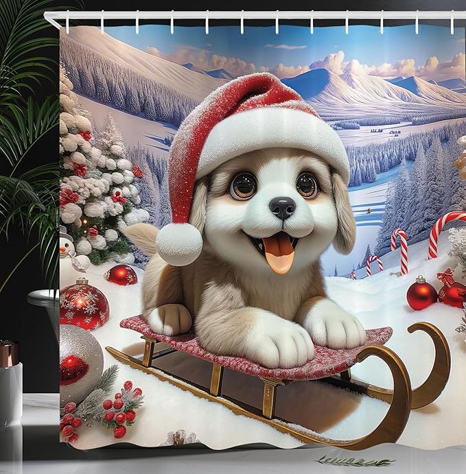 Ambesonne Christmas Shower Curtain, Fluffy Puppy with Big Eyes in a Santa Hat with Xmas Tree Ornaments, Cloth Fabric Bathroom Decor Set with Hooks, 69" W x 75" L, Ceil Blue Scarlet White