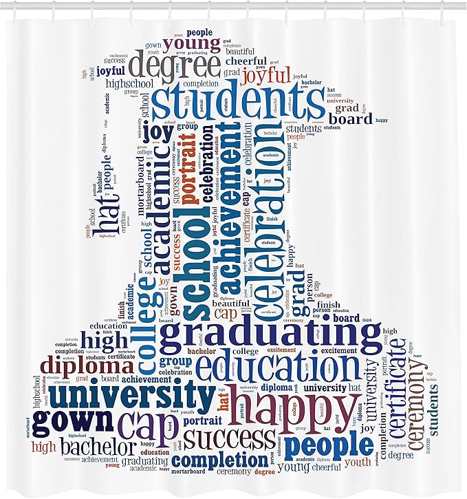 Ambesonne Graduation Shower Curtain, Cap Arrangement Words Bachelor Young Student Grown Art Design, Cloth Fabric Bathroom Decor Set with Hooks, 69" W x 70" L, Navy White