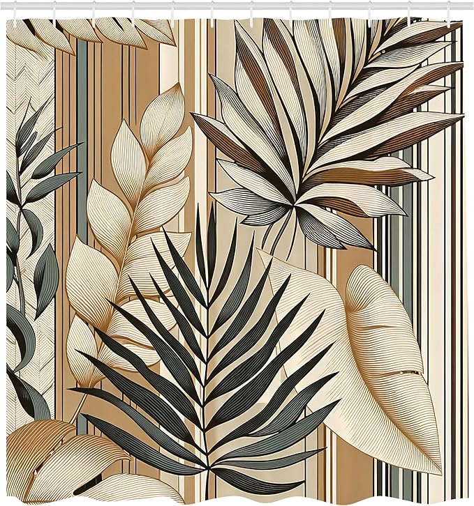 Ambesonne Tan Shower Curtain, Nature Interpretation of Exotic Leaves Illustration Boho Lines Modern Botany, Cloth Fabric Bathroom Decor Set with Hooks, 69" W x 84" L, Grey Teal Pale Taupe