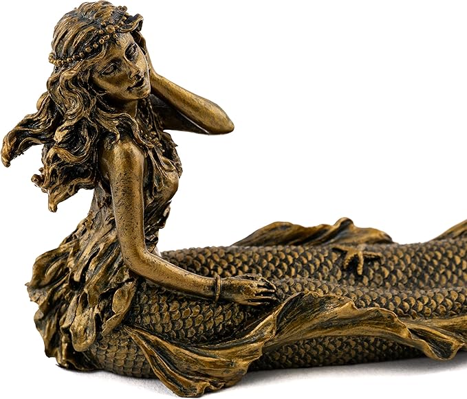 Top Collection Beach Mermaid Incense Holder Statue - Hand Painted Beautiful Mythical Creature with Bronze Antique Finish Look- 9-Inch Long Fragrance Incense Burner Figurine