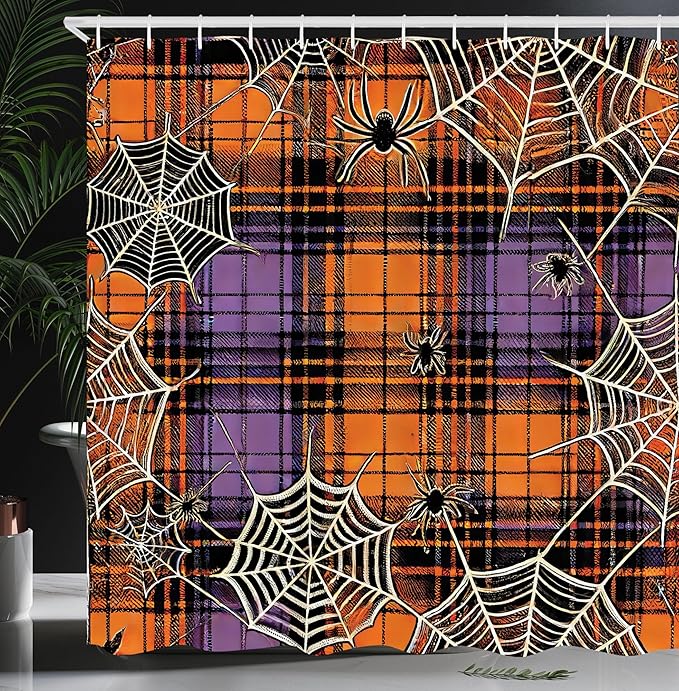Ambesonne Halloween Shower Curtain, Rustic Horror Themed Classic Autumn Tones Buffalo Plaid with Spiders, Cloth Fabric Bathroom Decor Set with Hooks, 69" W x 75" L, Apricot Lilac Dark Grey