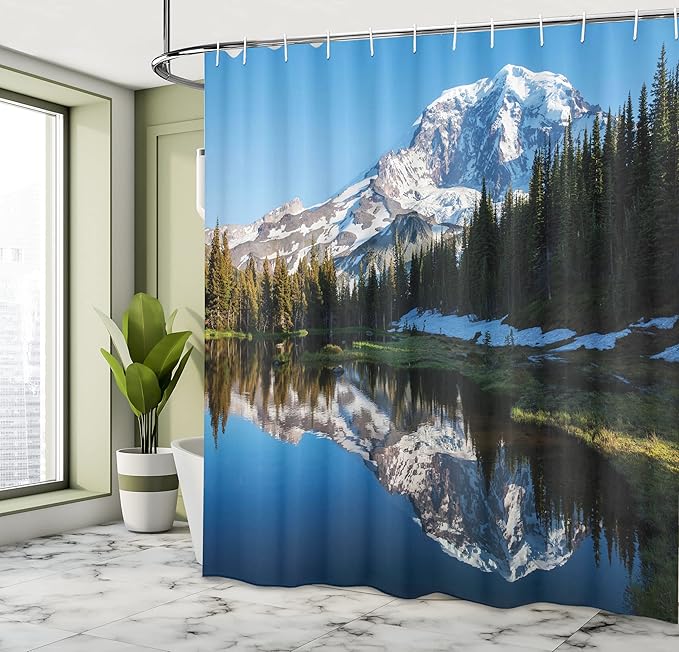 Ambesonne Mt Rainier Shower Curtain, Mount Rainier National Park Trees Snow Tranquil Lake Symmetric Reflection Image, Cloth Fabric Bathroom Decor Set with Hooks, 69" W x 70" L, Sky Blue Evergreen