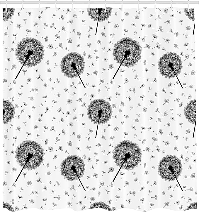 Ambesonne Black White Shower Curtain, Dandelions Floating in The Wind Freedom Spring Wildflowers Nature Floral, Cloth Fabric Bathroom Decor Set with Hooks, 69" W x 70" L, Black White
