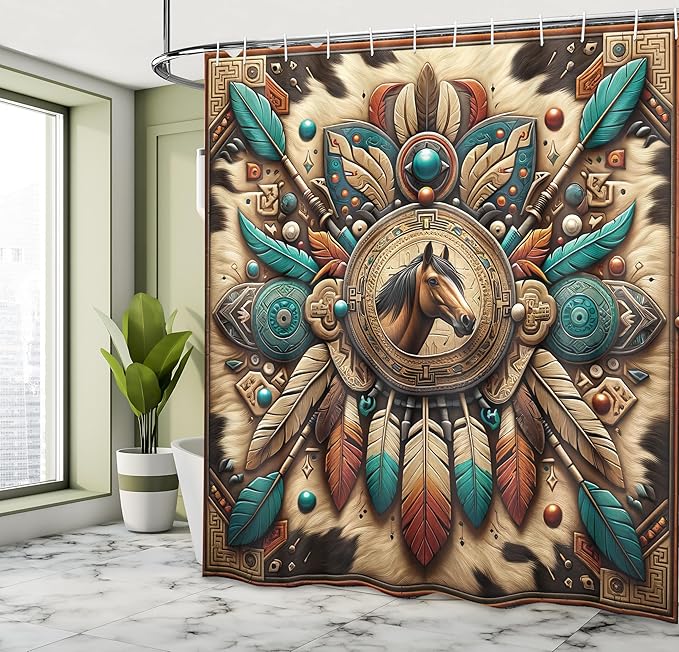 Ambesonne Rustic Shower Curtain, Wild West Horse Arrows and Feathers Southwestern Concept Earthy Colors, Cloth Fabric Bathroom Decor Set with Hooks, 69" W x 70" L, Teal Dark Taupe Cinnamon