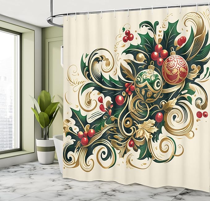 Ambesonne Christmas Shower Curtain, Traditional Xmas Berries Toyon and Globes Ornate on Plain Backdrop, Cloth Fabric Bathroom Decor Set with Hooks, 69" W x 70" L, Beige Green and Vermilion