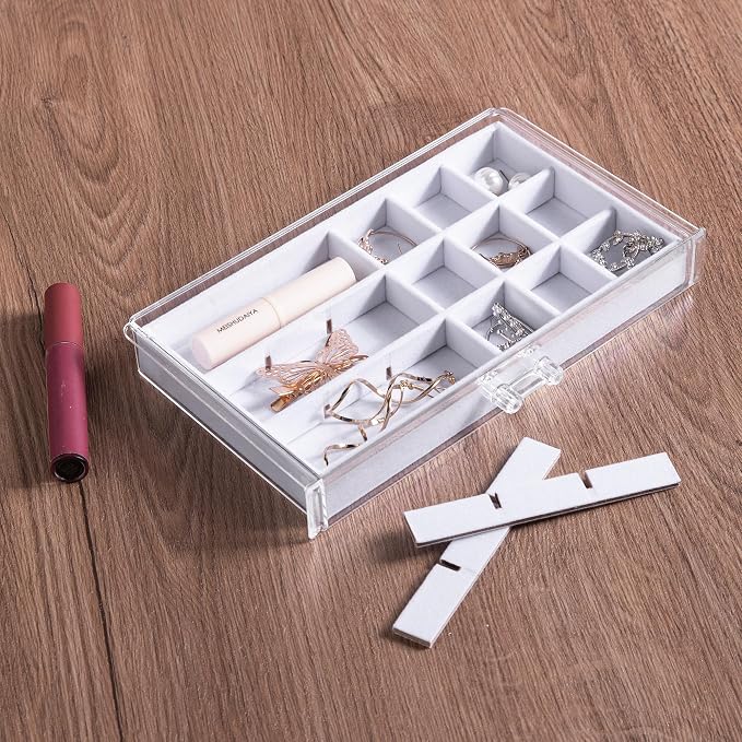 Frebeauty Acrylic Jewelry Organizer Earring Organizer Box with 5 Drawers Earring Holder Organizer with Velvet Trays Clear Jewelry Box for Women Earring Display for Rings Studs(White) | 61 Jewelry Storage Grid for Rings Studs Bracelet,Velvet Lining,Tran...